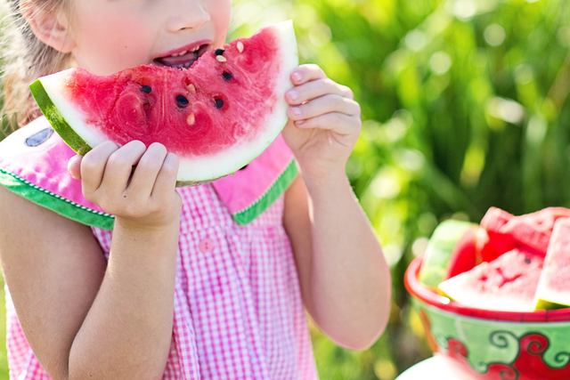 Little girl eating watermelon slice